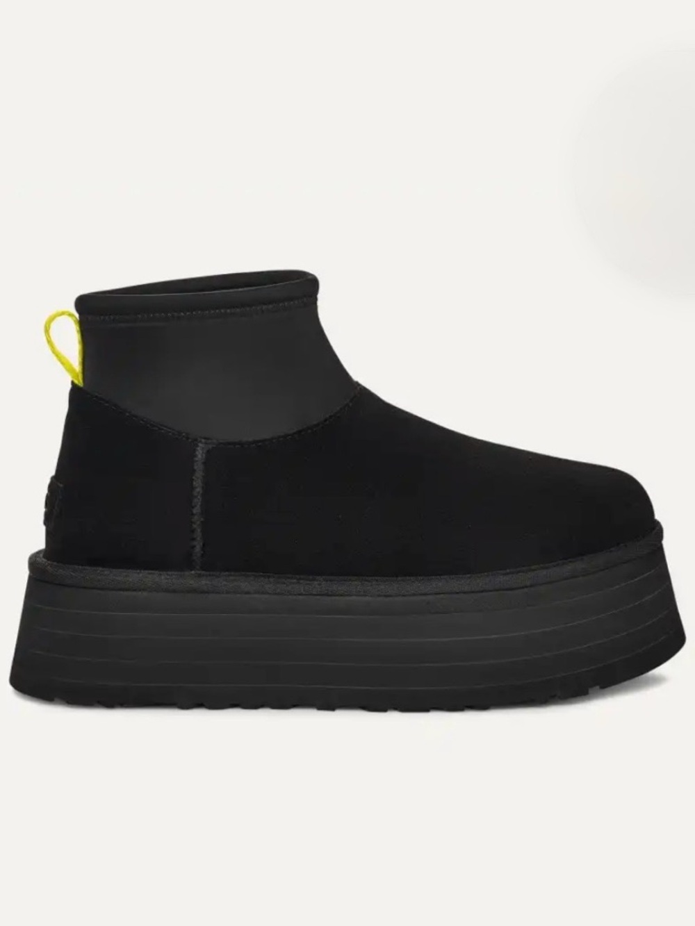 UGG Classic Mini Dipper Black Platform Ankle Boot with Yellow Heel Loop
